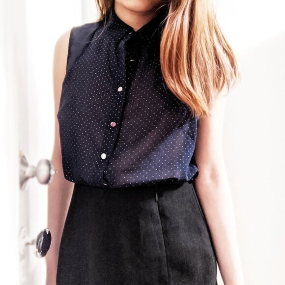 Sheer Navy Blue Button Down Sleeveless Shirt w/ Silver Polka Dots & Pear… - Picture 2 of 10